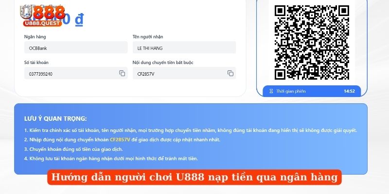 Hướng dẫn người chơi U888 nạp tiền qua ngân hàng